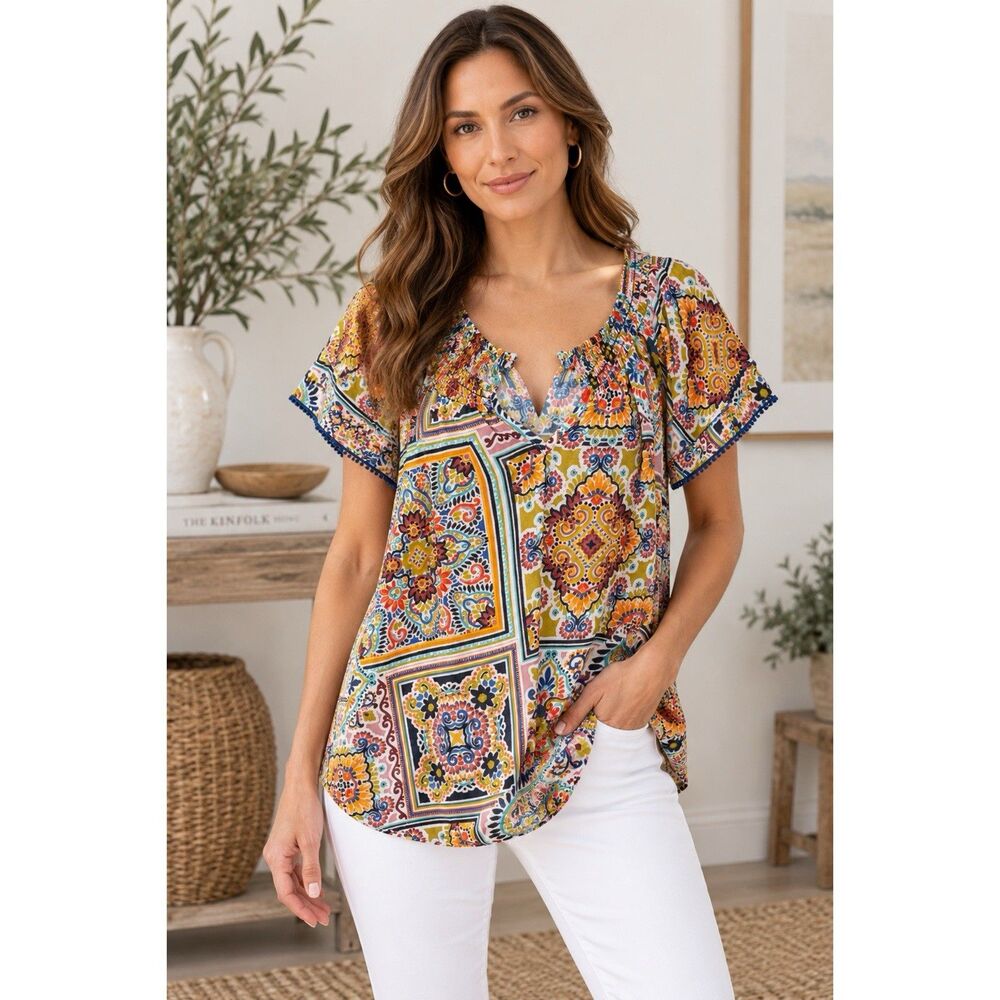 Democracy Multicolored Short Sleeve Blouse Women PXL Geo Patchwork Pom Pom NWT